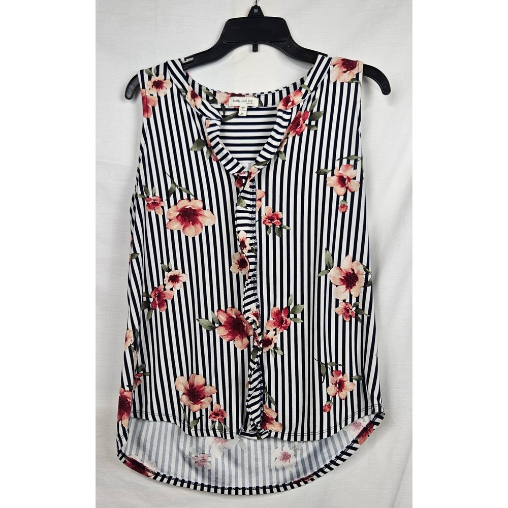 Faith and Joy by Monteau Floral Striped Sleeveless Top‎ Navy Pink Medium